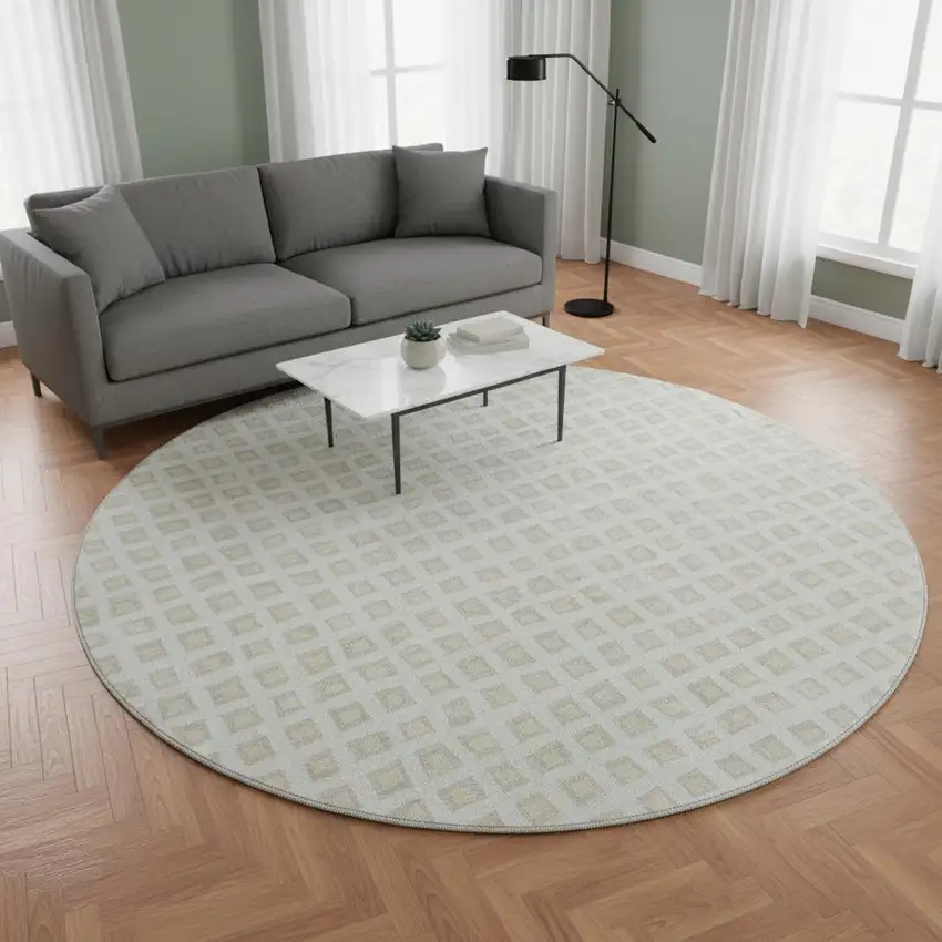 8' Ivory And Beige Geometric Washable Round Rug With UV Protection Photo 2