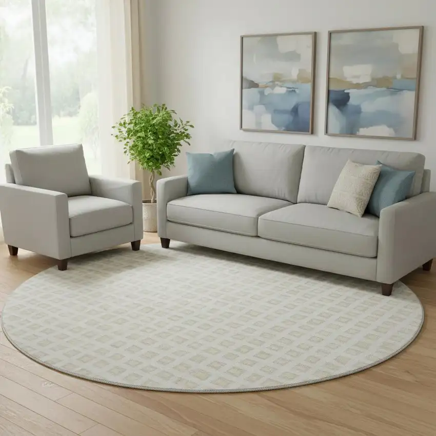 8' Ivory And Beige Geometric Washable Round Rug With UV Protection Photo 1