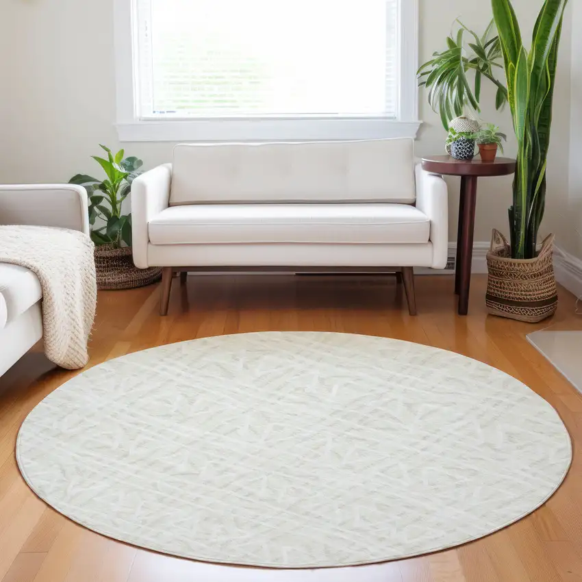 8' Ivory And Beige Geometric Washable Round Rug With UV Protection Photo 5