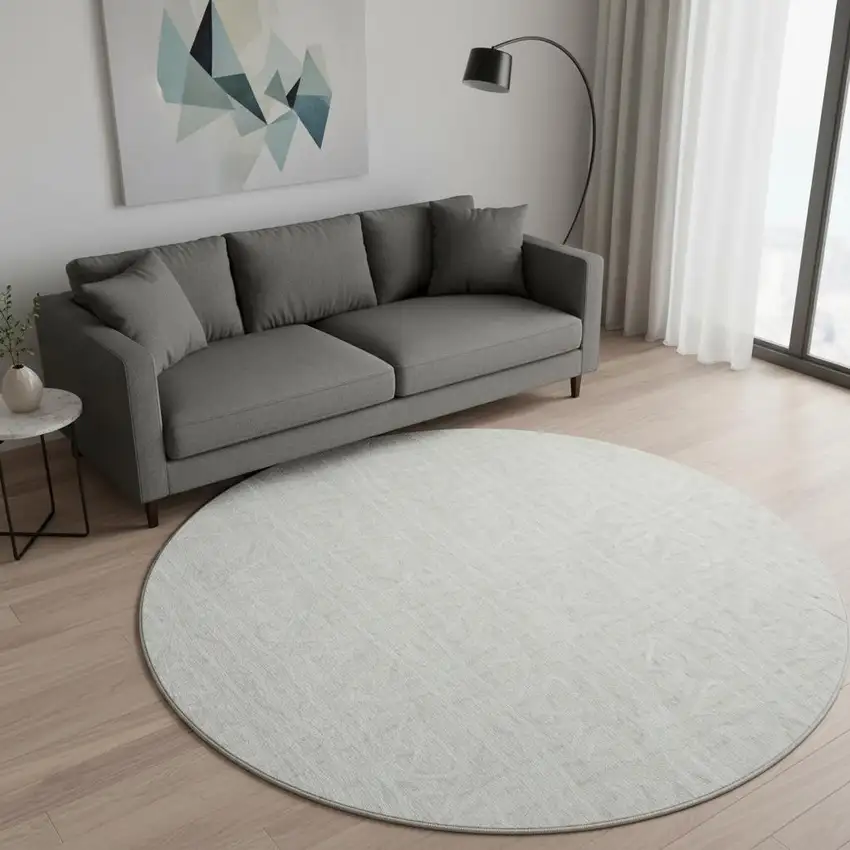 8' Ivory And Beige Geometric Washable Round Rug With UV Protection Photo 2