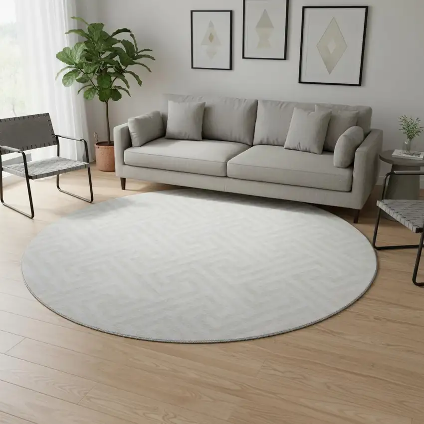 8' Ivory And Beige Geometric Washable Round Rug With UV Protection Photo 2
