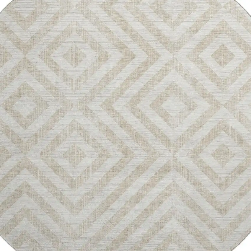 8' Ivory And Beige Geometric Washable Round Rug With UV Protection Photo 3