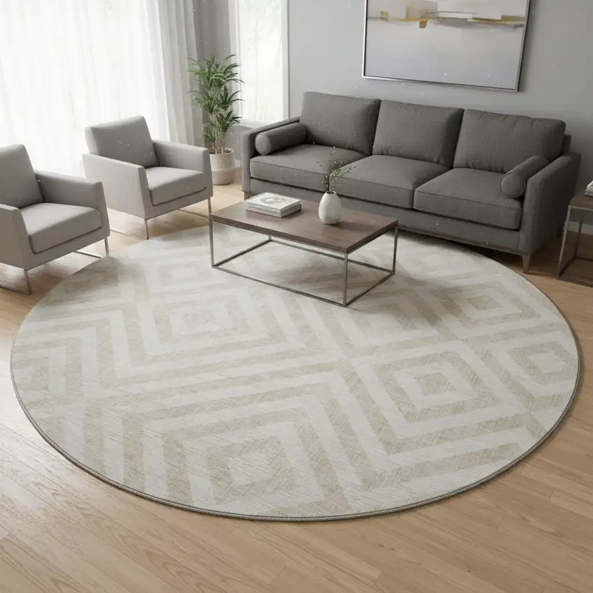 8' Ivory And Beige Geometric Washable Round Rug With UV Protection Photo 2