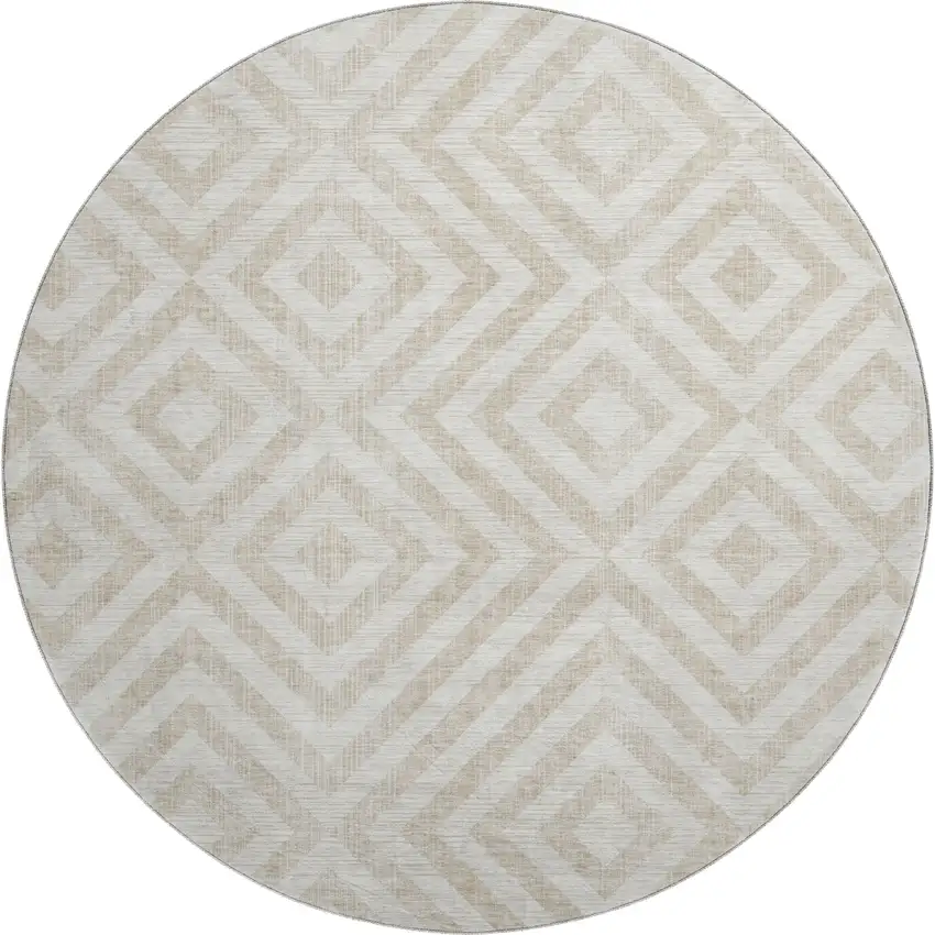 8' Ivory And Beige Geometric Washable Round Rug With UV Protection Photo 1