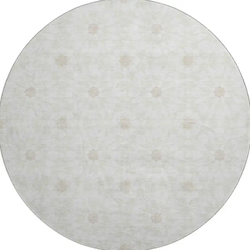 8' Ivory And Beige Geometric Washable Round Rug With UV Protection Photo 4