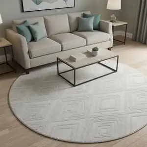 Photo of 8' Ivory And Beige Geometric Washable Round Rug With UV Protection