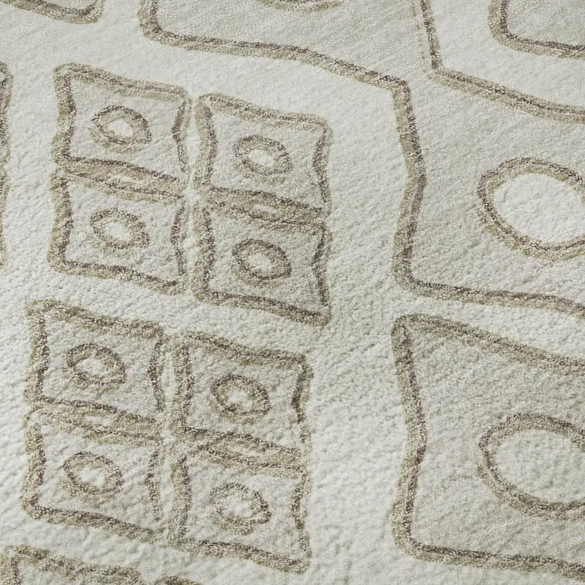 8' Ivory And Beige Geometric Washable Round Rug With UV Protection Photo 9