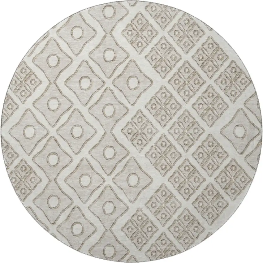8' Ivory And Beige Geometric Washable Round Rug With UV Protection Photo 4