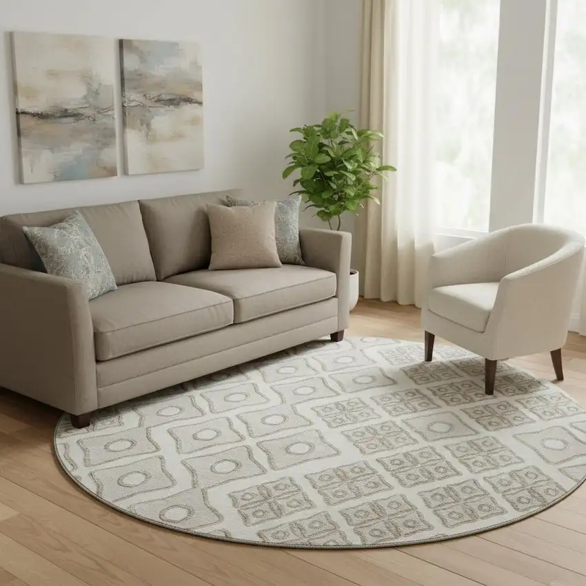 8' Ivory And Beige Geometric Washable Round Rug With UV Protection Photo 1