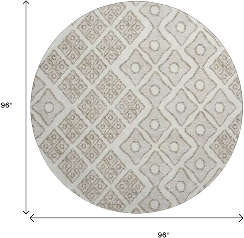 8' Ivory And Beige Geometric Washable Round Rug With UV Protection Photo 3