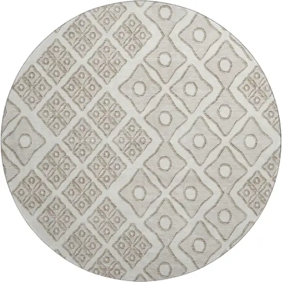 8' Ivory And Beige Geometric Washable Round Rug With UV Protection Photo 2