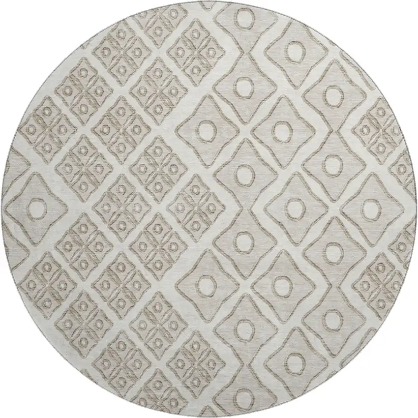 8' Ivory And Beige Geometric Washable Round Rug With UV Protection Photo 2