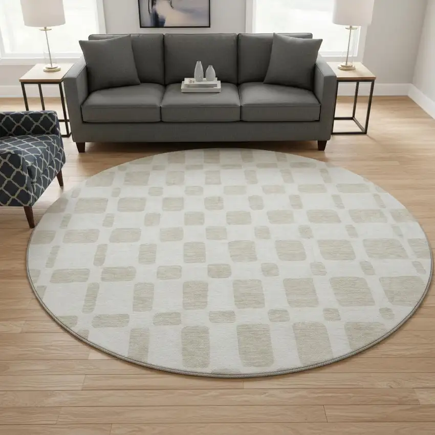 8' Ivory And Beige Geometric Washable Round Rug With UV Protection Photo 2
