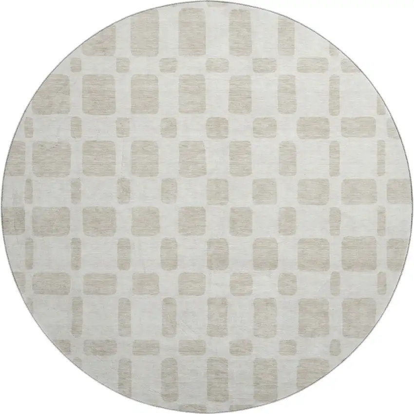 8' Ivory And Beige Geometric Washable Round Rug With UV Protection Photo 1