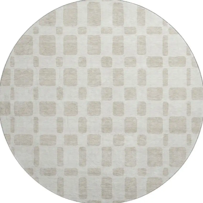 8' Ivory And Beige Geometric Washable Round Rug With UV Protection Photo 4