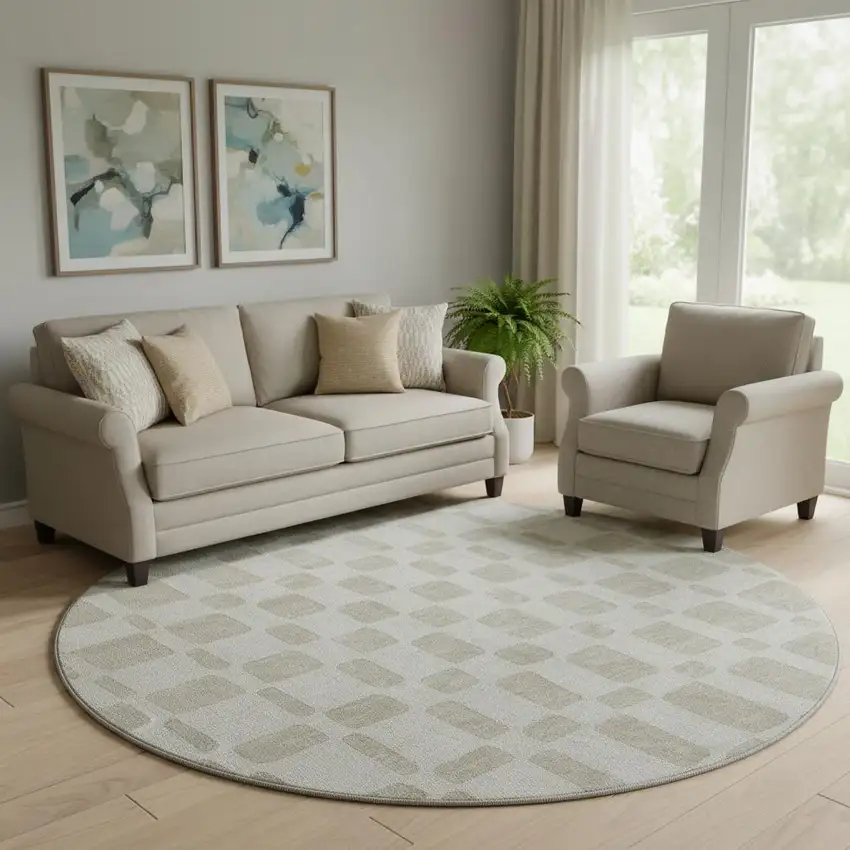 8' Ivory And Beige Geometric Washable Round Rug With UV Protection Photo 1
