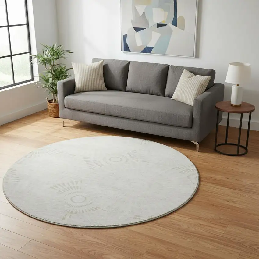 8' Ivory And Beige Geometric Washable Round Rug With UV Protection Photo 2