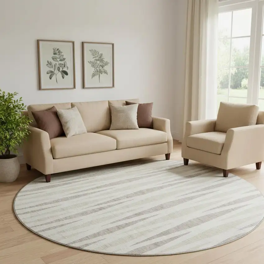 8' Ivory And Beige Geometric Washable Round Rug With UV Protection Photo 1