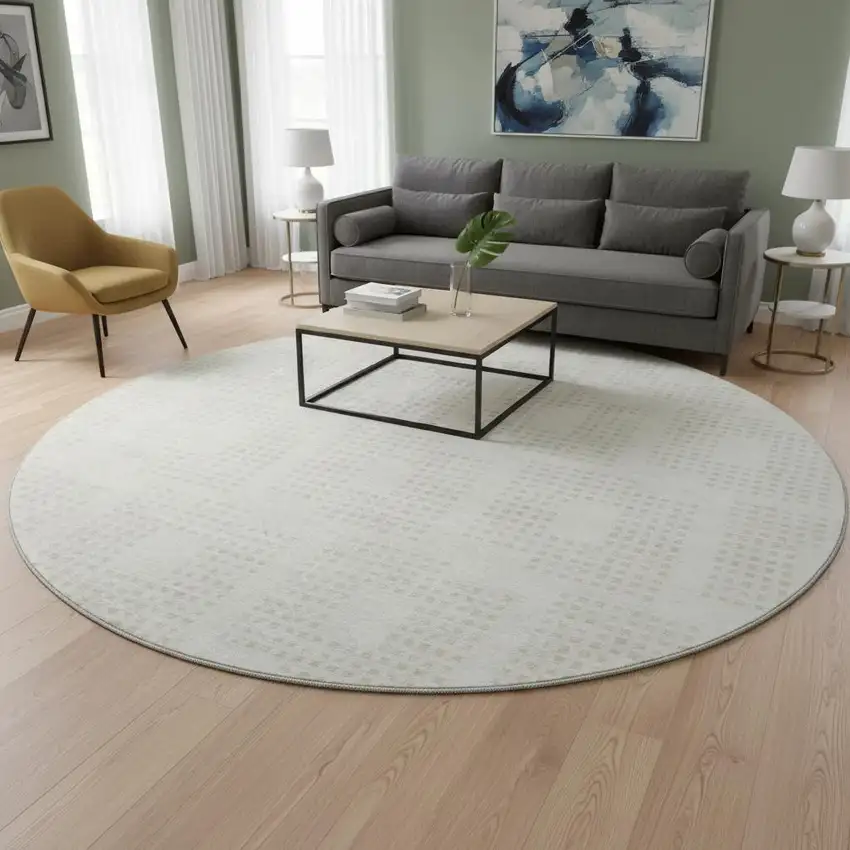 8' Ivory And Beige Geometric Washable Round Rug With UV Protection Photo 2