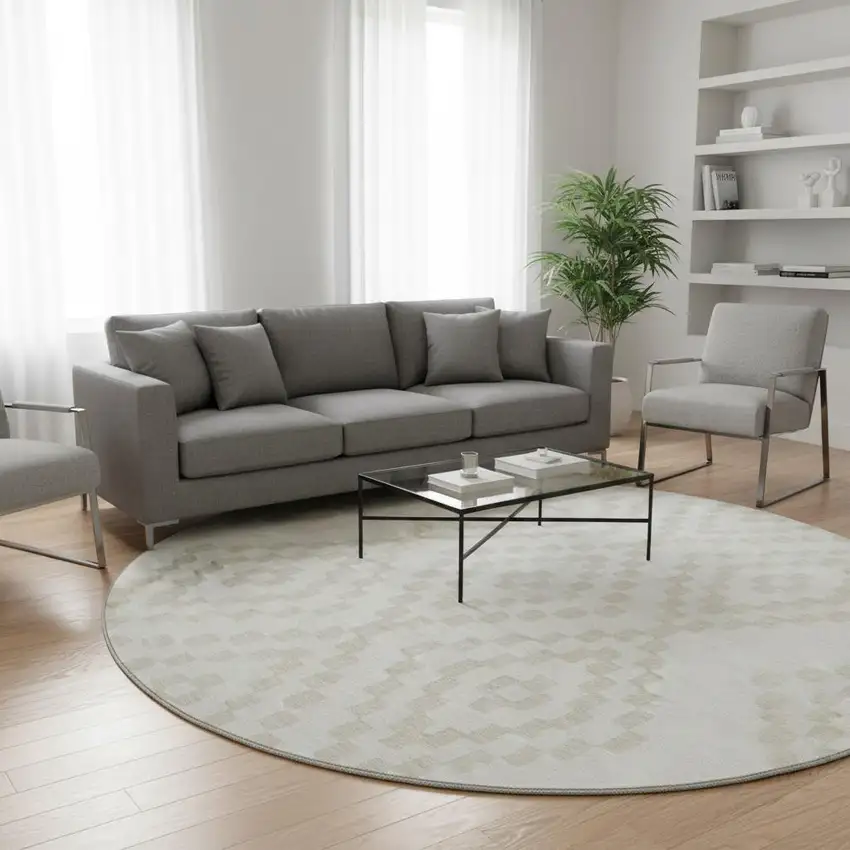 8' Ivory And Beige Geometric Washable Round Rug With UV Protection Photo 2