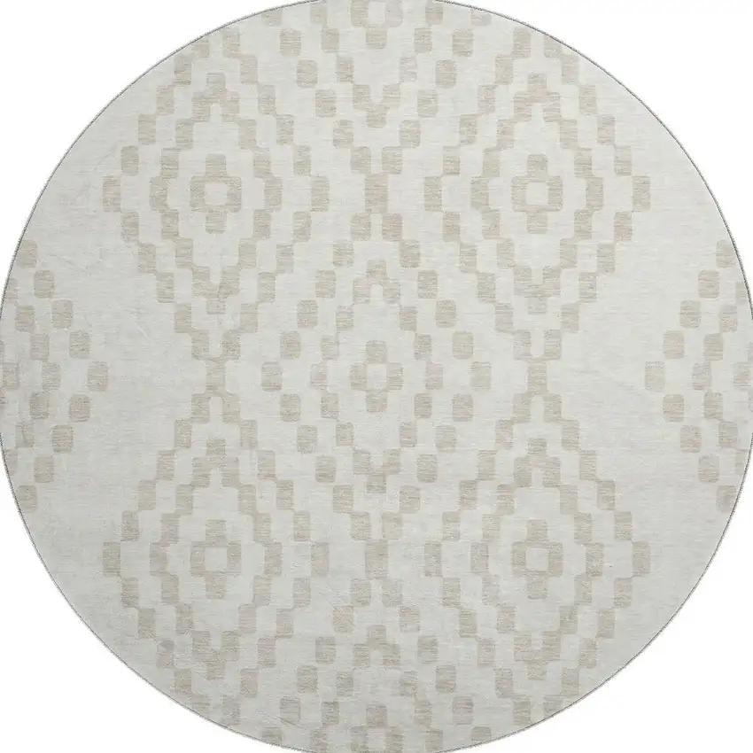 8' Ivory And Beige Geometric Washable Round Rug With UV Protection Photo 3
