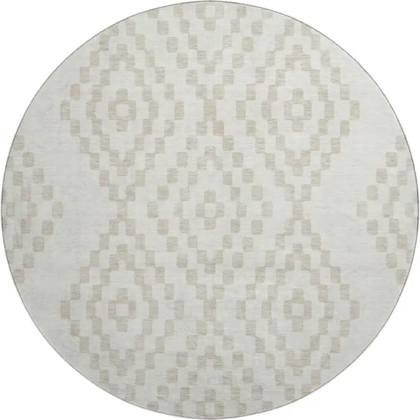 8' Ivory And Beige Geometric Washable Round Rug With UV Protection Photo 1