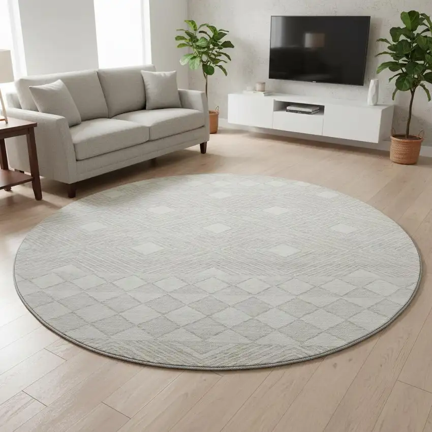 8' Ivory And Beige Geometric Washable Round Rug With UV Protection Photo 2