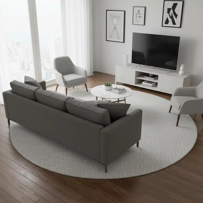 8' Ivory And Beige Geometric Washable Round Rug With UV Protection Photo 2