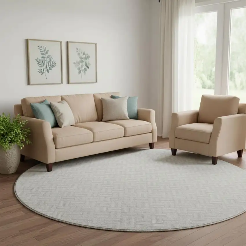 8' Ivory And Beige Geometric Washable Round Rug With UV Protection Photo 1