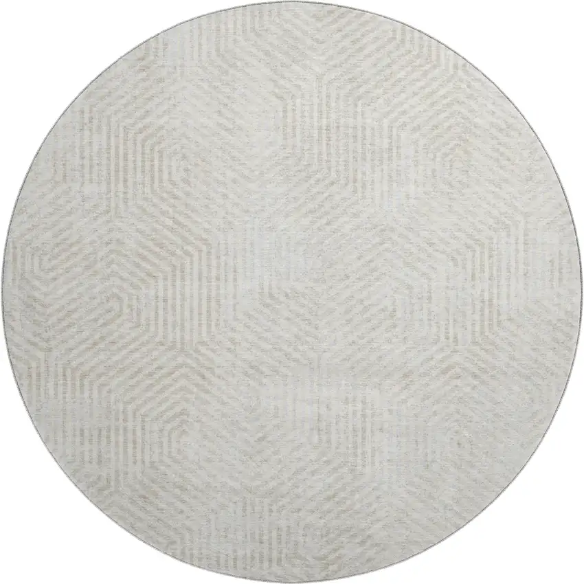 8' Ivory And Beige Geometric Washable Round Rug With UV Protection Photo 1