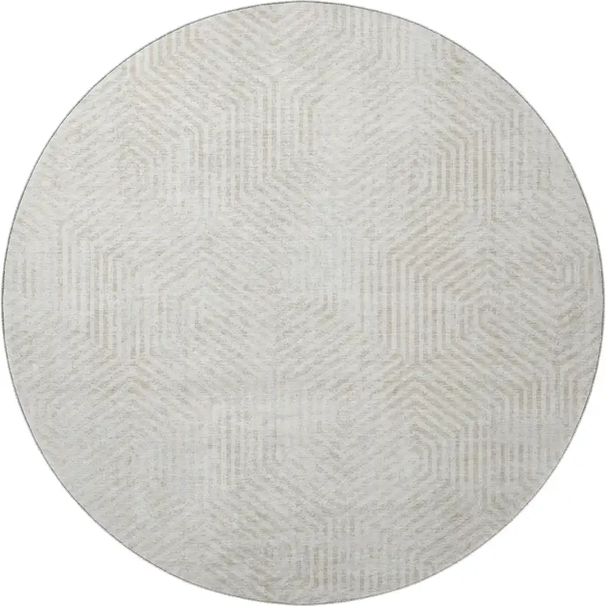 8' Ivory And Beige Geometric Washable Round Rug With UV Protection Photo 4