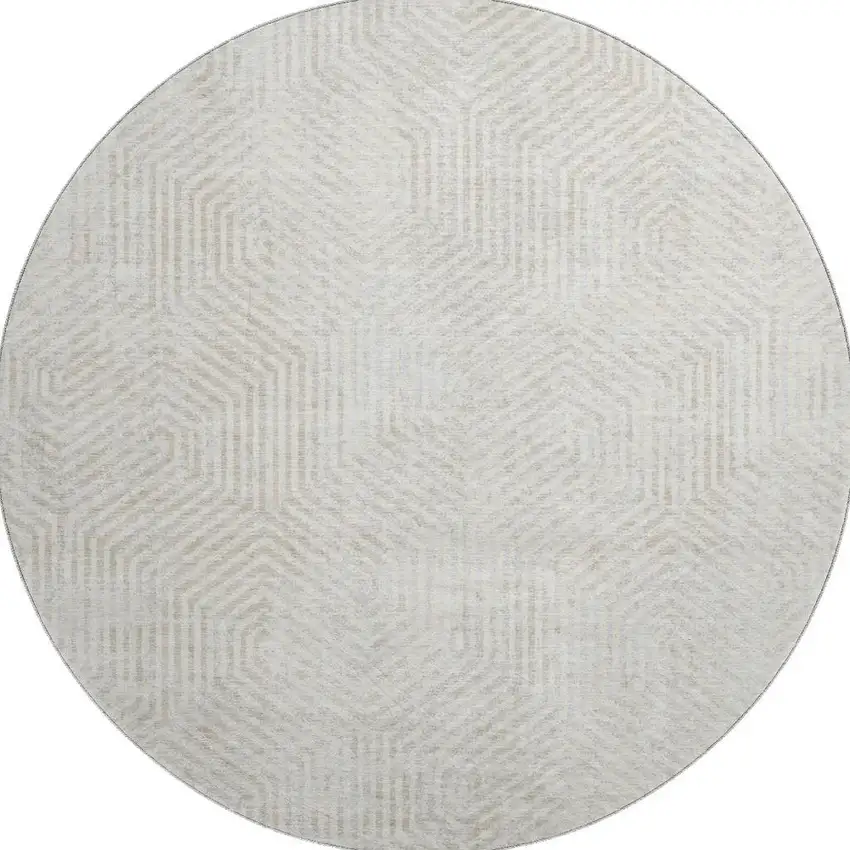 8' Ivory And Beige Geometric Washable Round Rug With UV Protection Photo 3