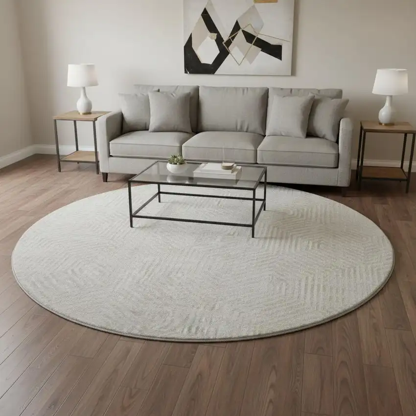 8' Ivory And Beige Geometric Washable Round Rug With UV Protection Photo 2