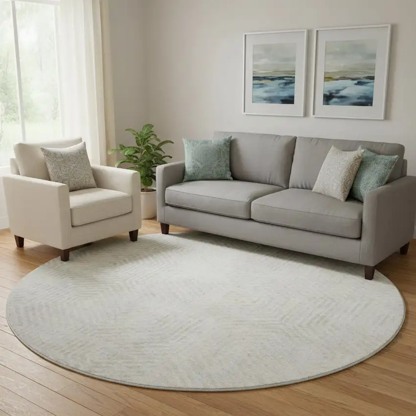 8' Ivory And Beige Geometric Washable Round Rug With UV Protection Photo 1