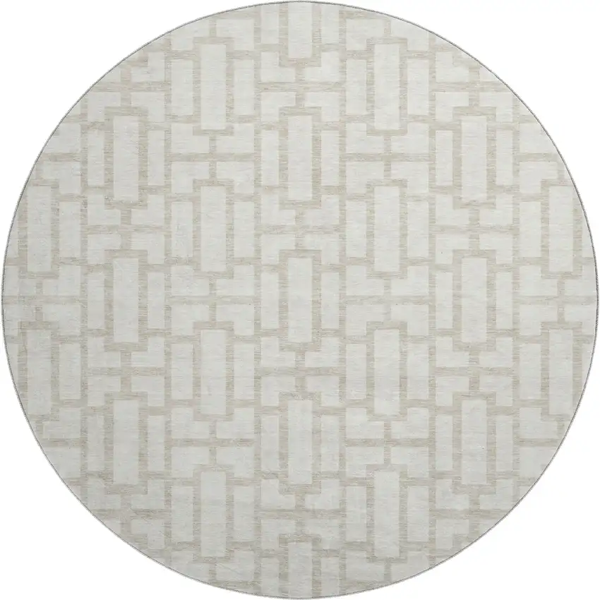 8' Ivory And Beige Geometric Washable Round Rug With UV Protection Photo 1