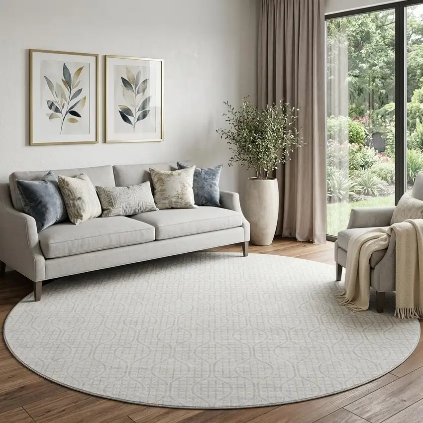 8' Ivory And Beige Geometric Washable Round Rug With UV Protection Photo 1