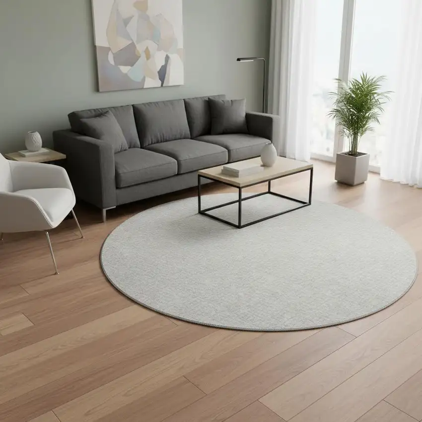 8' Ivory And Beige Geometric Washable Round Rug With UV Protection Photo 2