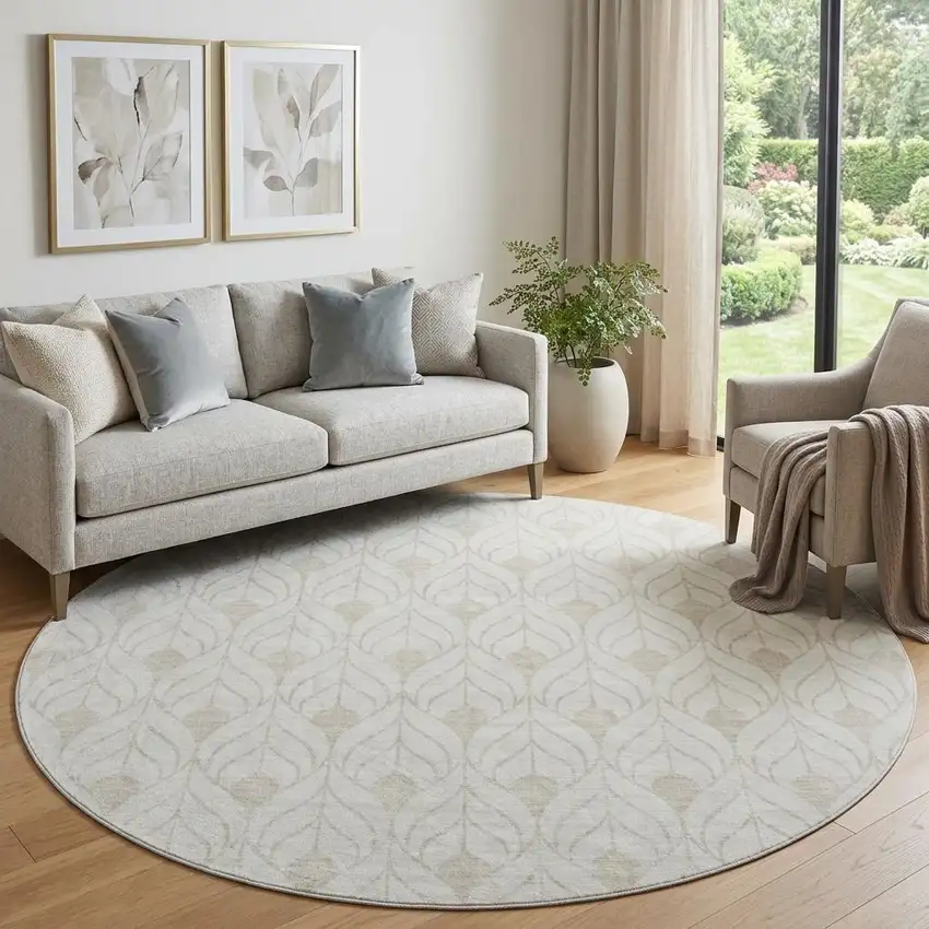8' Ivory And Beige Geometric Washable Round Rug With UV Protection Photo 1