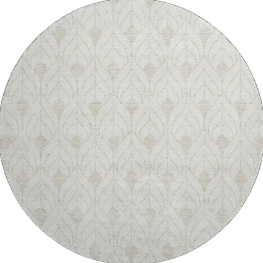 8' Ivory And Beige Geometric Washable Round Rug With UV Protection Photo 2