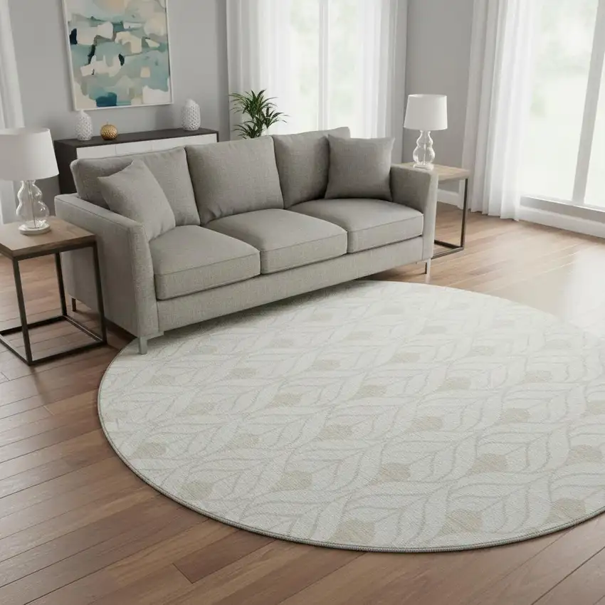 8' Ivory And Beige Geometric Washable Round Rug With UV Protection Photo 2