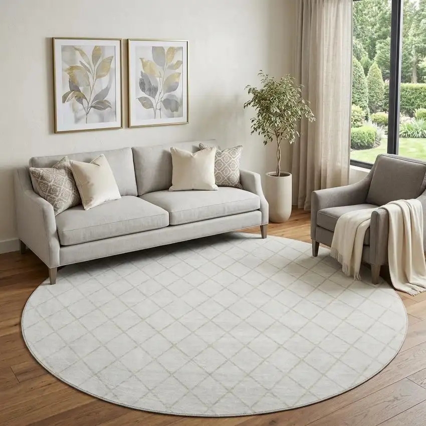 8' Ivory And Beige Geometric Washable Round Rug With UV Protection Photo 1