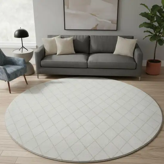 8' Ivory And Beige Geometric Washable Round Rug With UV Protection Photo 2