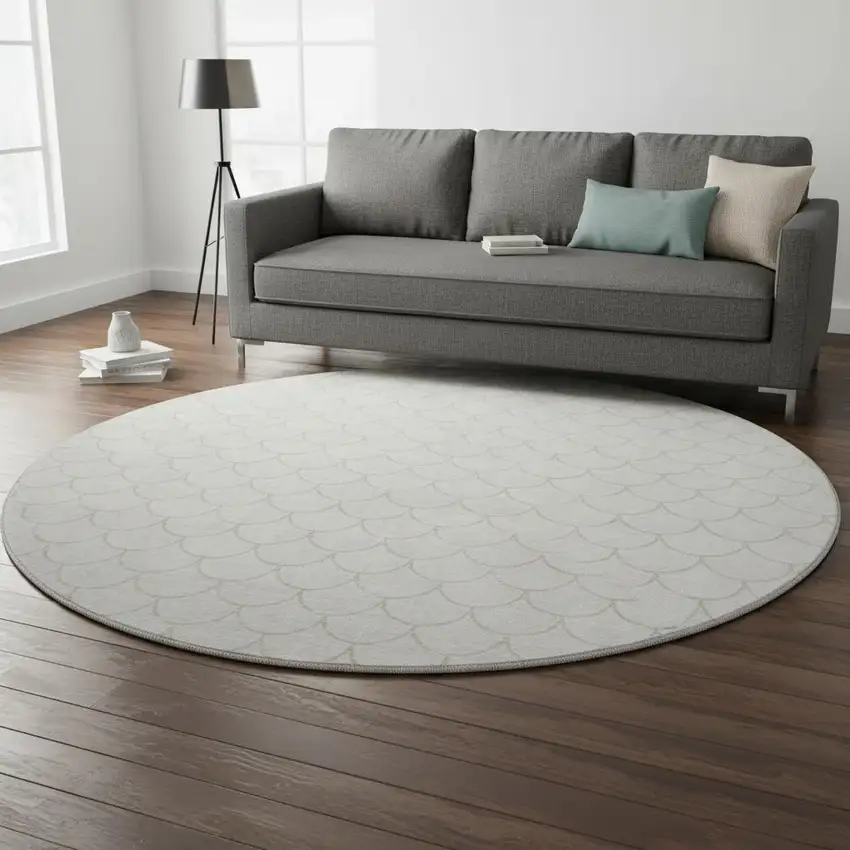 8' Ivory And Beige Geometric Washable Round Rug With UV Protection Photo 2