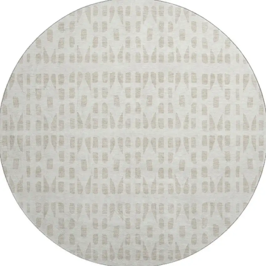 8' Ivory And Beige Geometric Washable Round Rug With UV Protection Photo 3