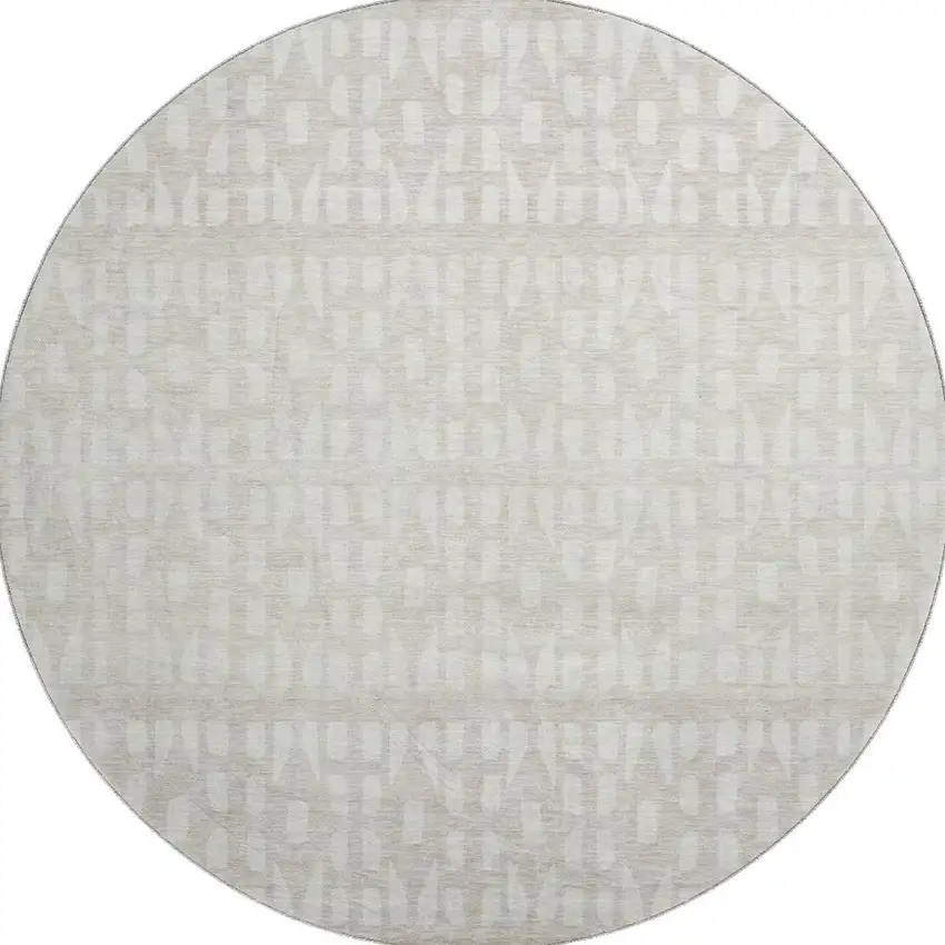 8' Ivory And Beige Geometric Washable Round Rug With UV Protection Photo 3