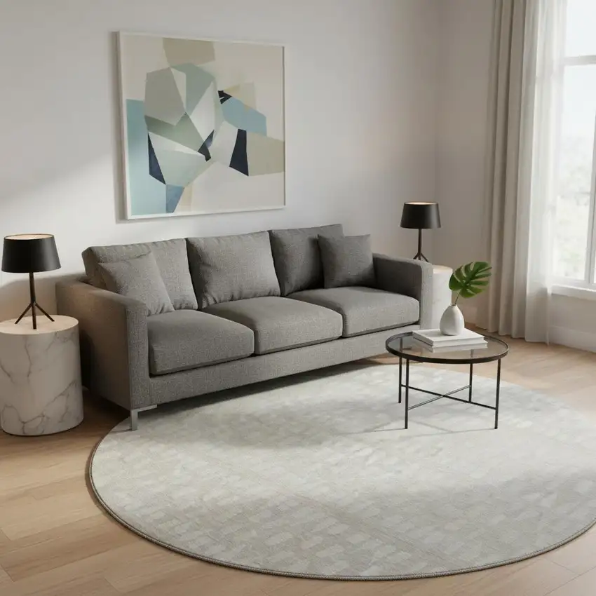 8' Ivory And Beige Geometric Washable Round Rug With UV Protection Photo 2