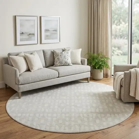 8' Ivory And Beige Geometric Washable Round Rug With UV Protection Photo 1