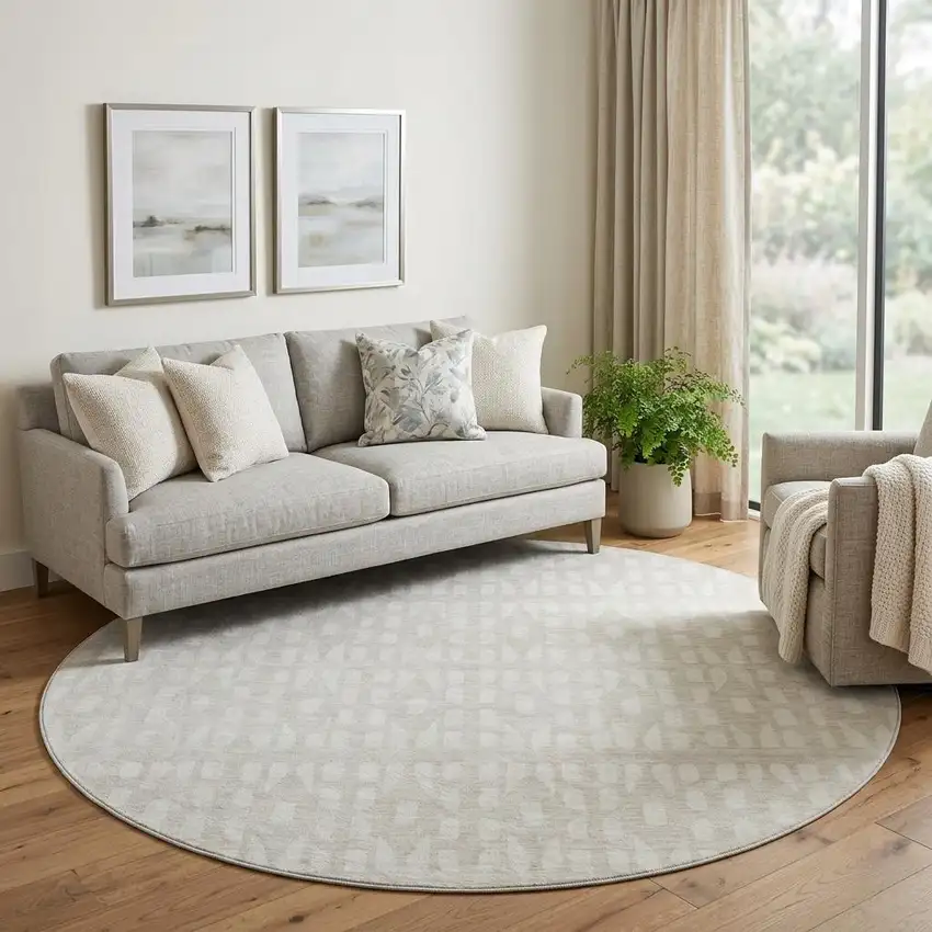 8' Ivory And Beige Geometric Washable Round Rug With UV Protection Photo 1
