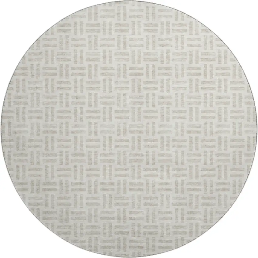 8' Ivory And Beige Geometric Washable Round Rug With UV Protection Photo 1