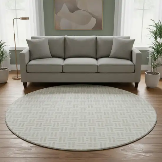8' Ivory And Beige Geometric Washable Round Rug With UV Protection Photo 2